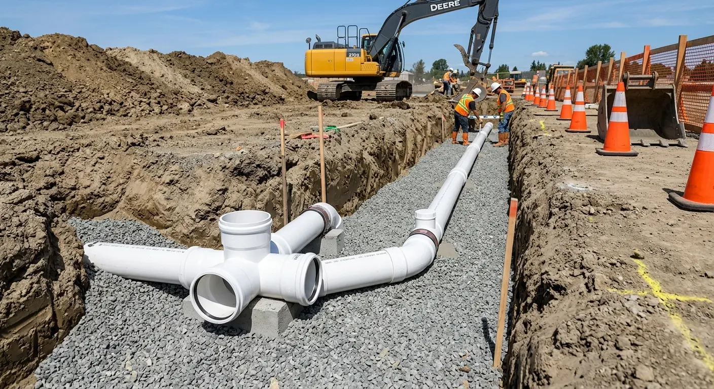 New PVC sewer pipe installation in open trench for Grease Trap Cleaning in Scott