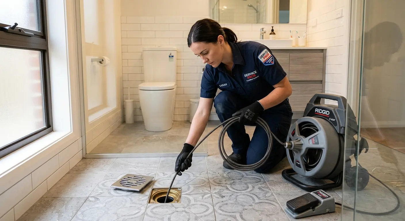 Technician clearing a bathroom floor drain for Clogged Drain Repair in Scott